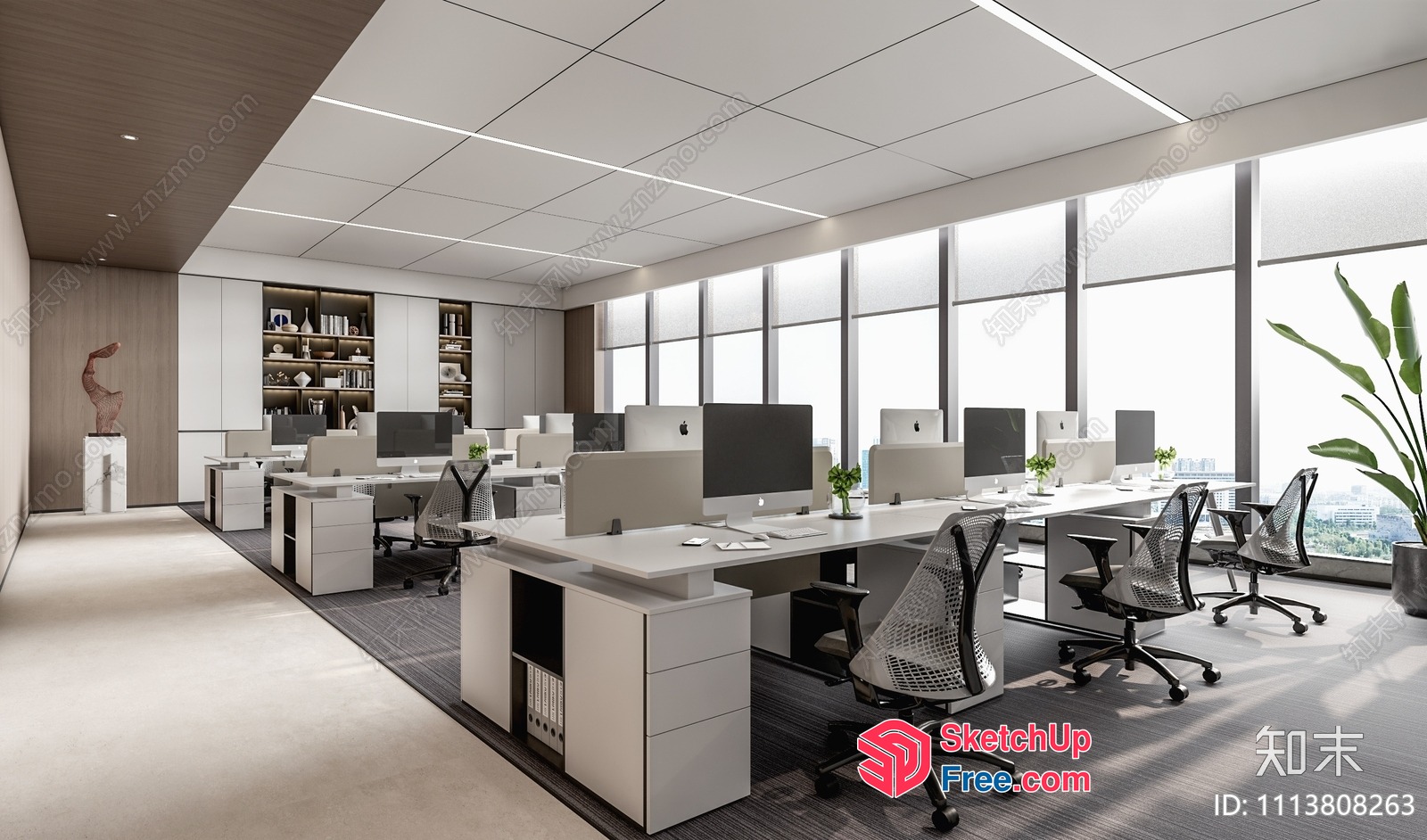Modern Office Space With Large Windows And White Furniture 3D SketchUp File