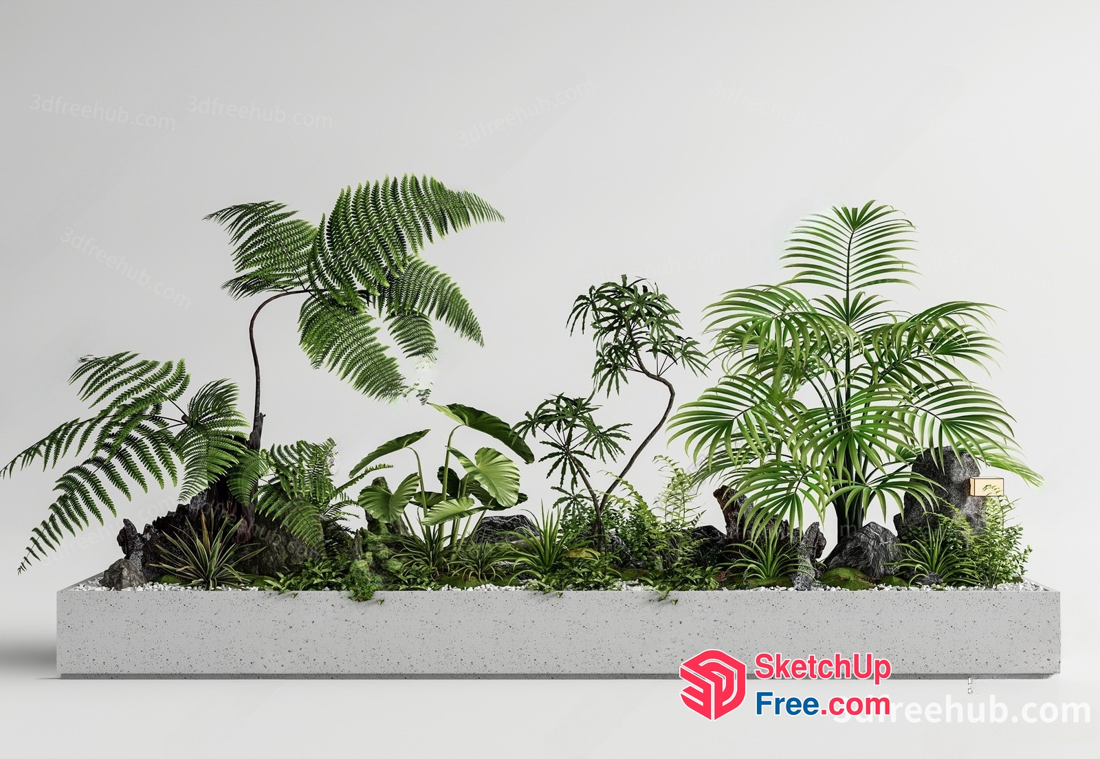 Exotic Greenery Arrangement In Rectangular Concrete Planter 3D SketchUp File