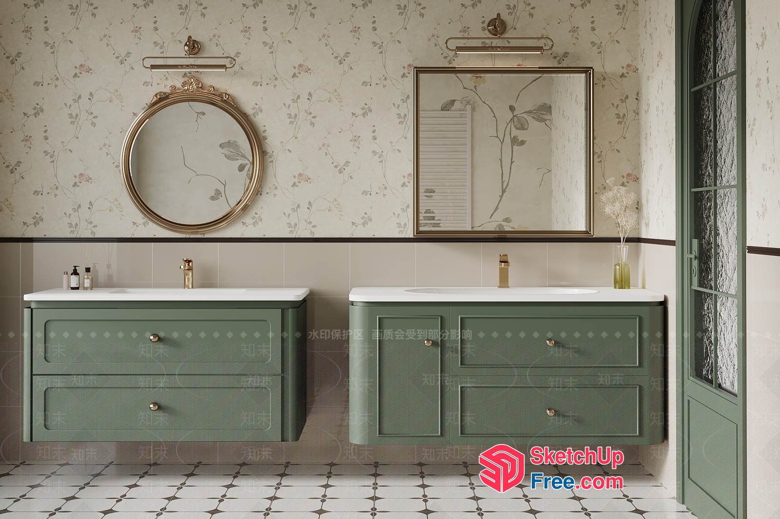 Elegant Bathroom Decor With Floral Patterns And Green Accents 3D SketchUp File