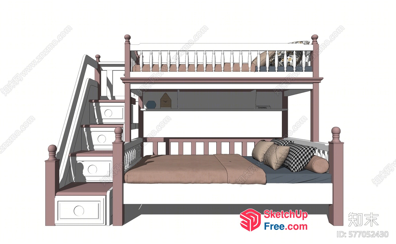 Classic Wooden Bunk Bed With Built-In Staircase And Storage 3D SketchUp File