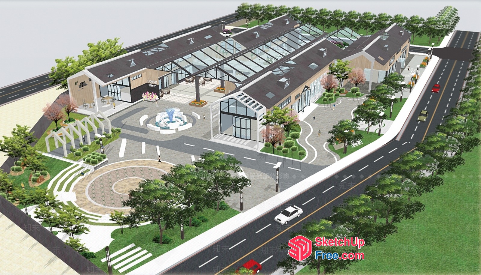 Modern Commercial Street With Industrial Park And Office Building 3D SketchUp File