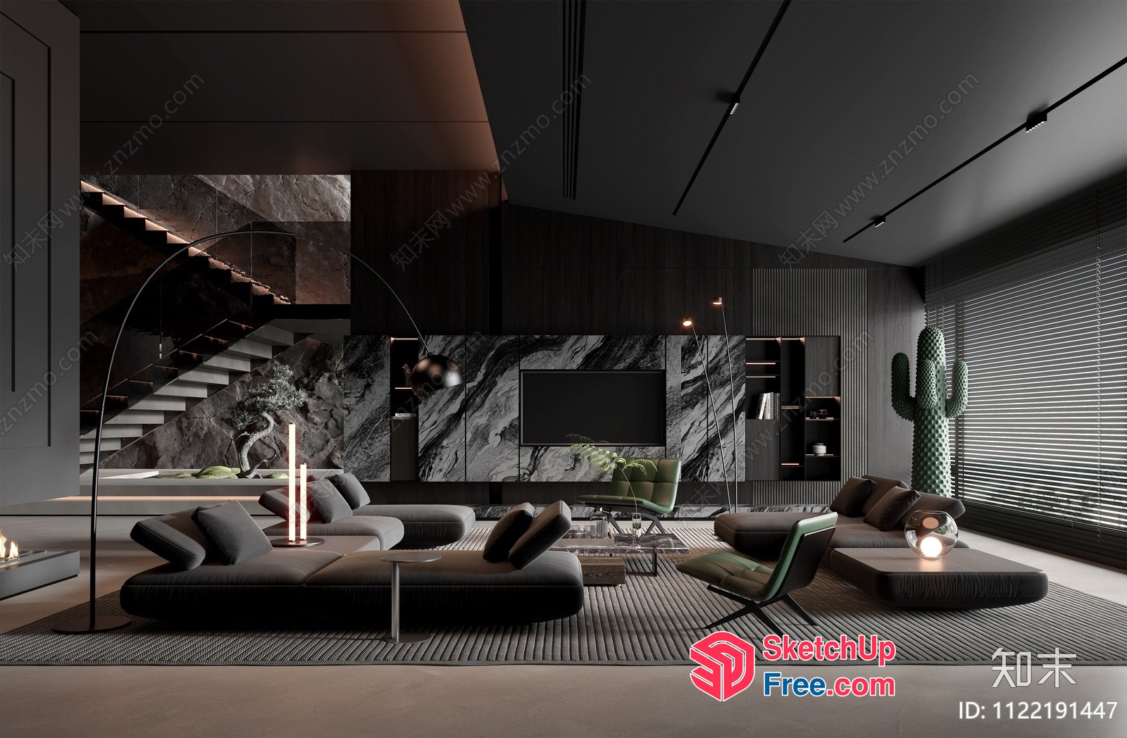 Modern Living Room With Stairs And Fireplace 3D SketchUp File