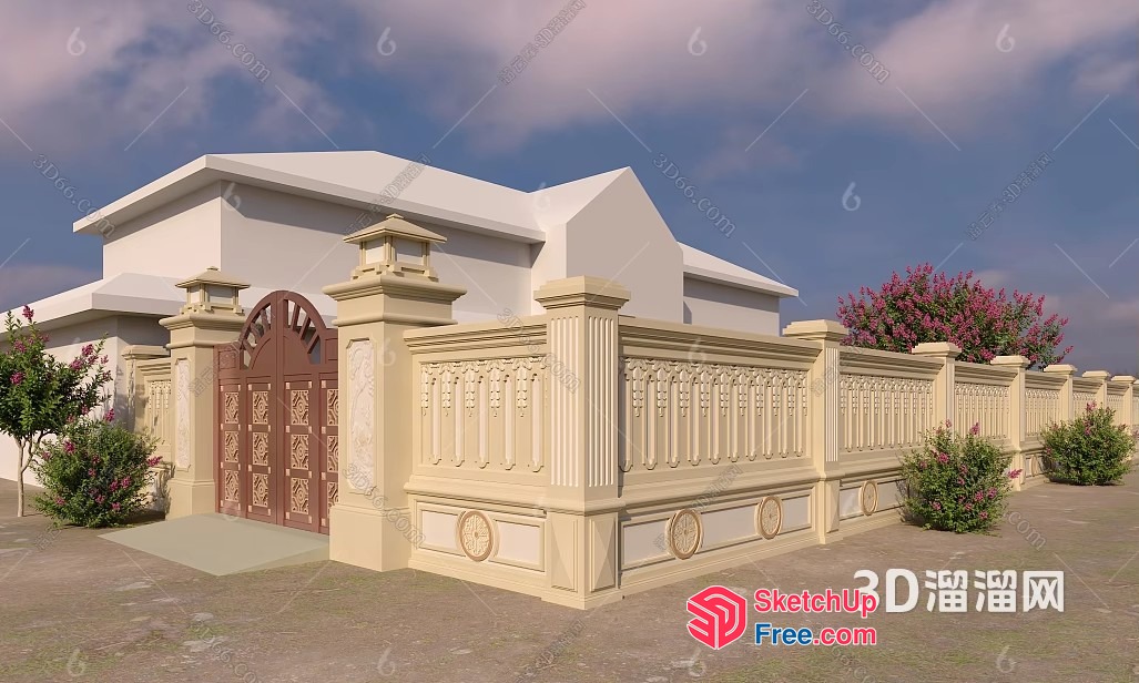 Ornate White Fencing With Pillars And Gate 3D SketchUp File