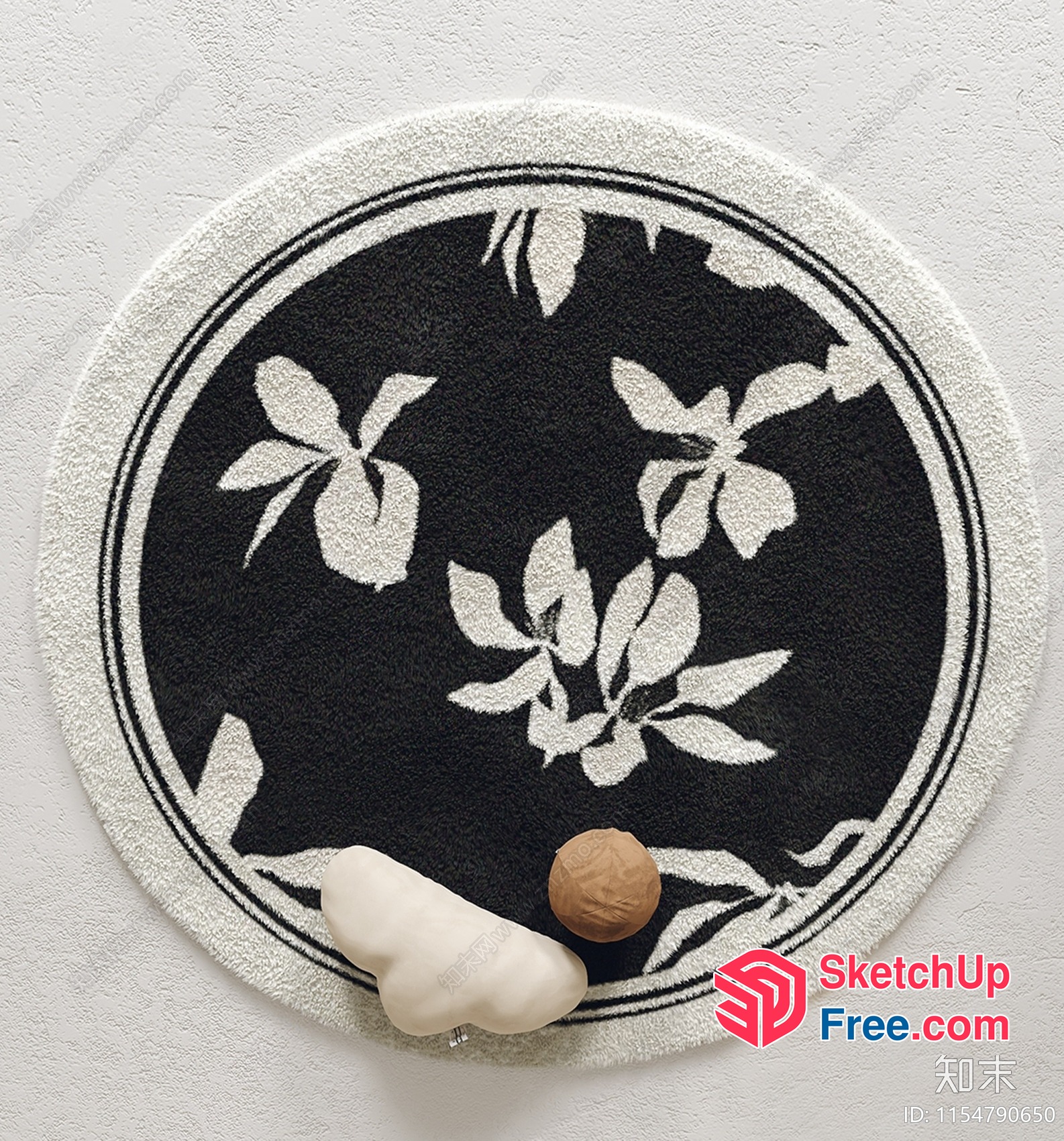 Floral Design Round Rug With Black And White Border 3D SketchUp File