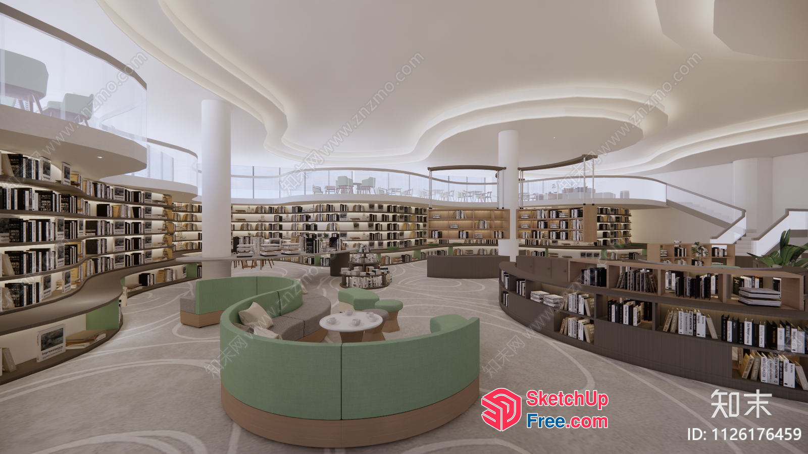Modern Library Interior With Curved Bookshelves And Sleek Furniture 3D SketchUp File