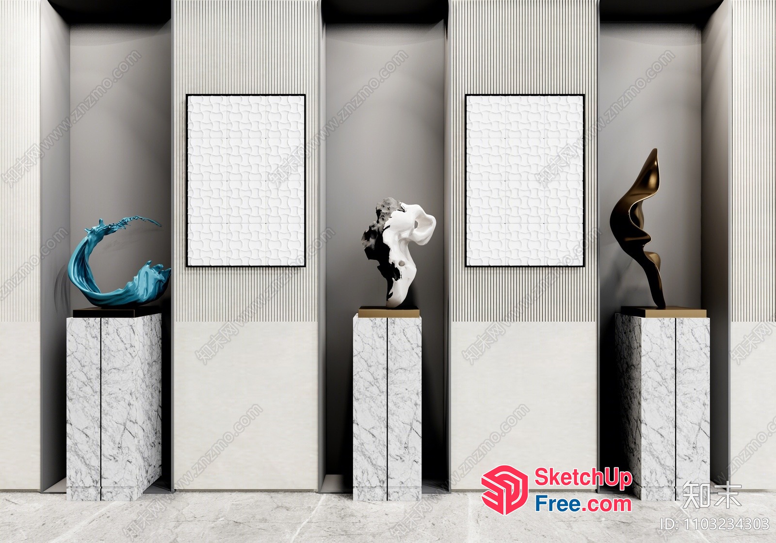 Abstract Art Sculptures In Modern Art Gallery 3D SketchUp File