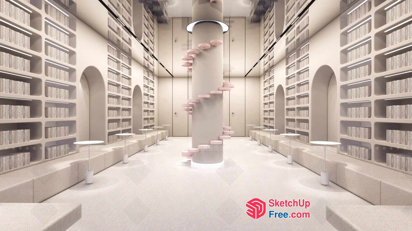 Minimalist Library Interior Design With Pillar Staircase 3D SketchUp File