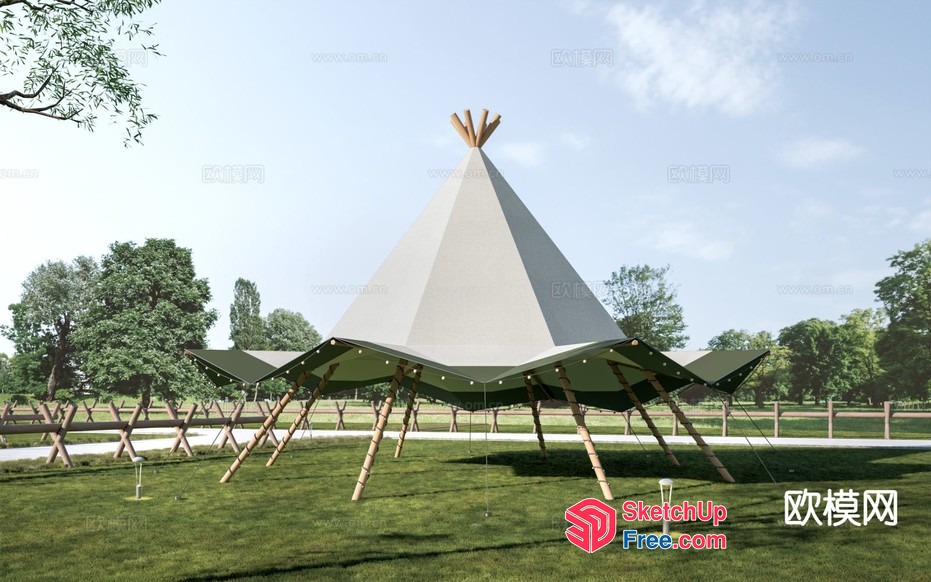 Large Outdoor Teepee With Wooden Legs And Canopy 3D SketchUp File