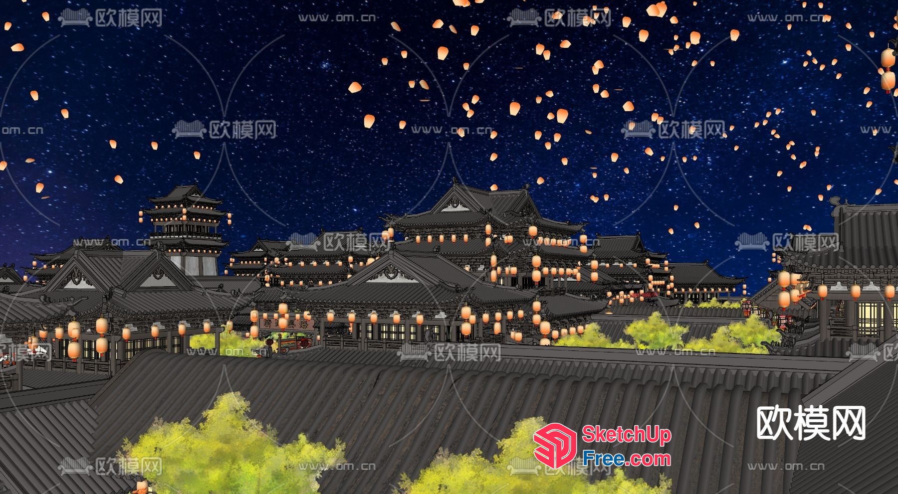 Traditional Japanese Lanterns Illuminating Rooftop 3D SketchUp File