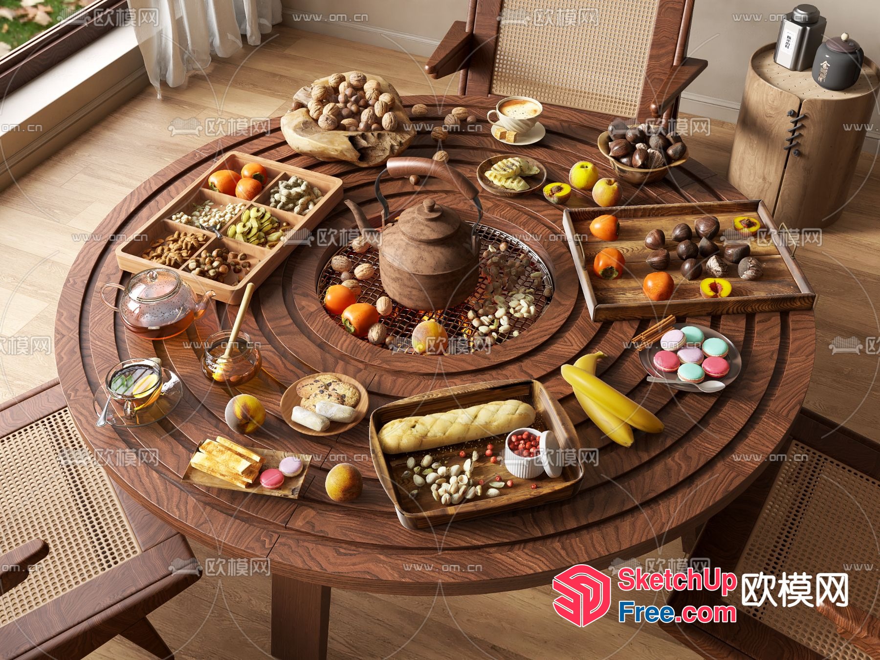 Elegant Wooden Dining Table With Various Food And Drinks 3D SketchUp File