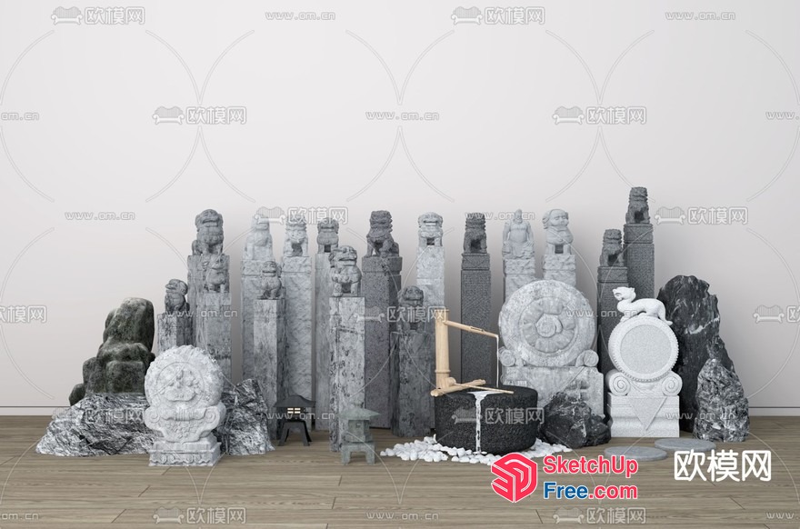 Asian-Inspired Stone Statues And Decorations 3D SketchUp File