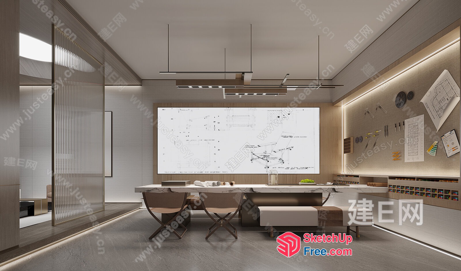 Modern Minimalist Office Space With Large White Board 3D SketchUp File