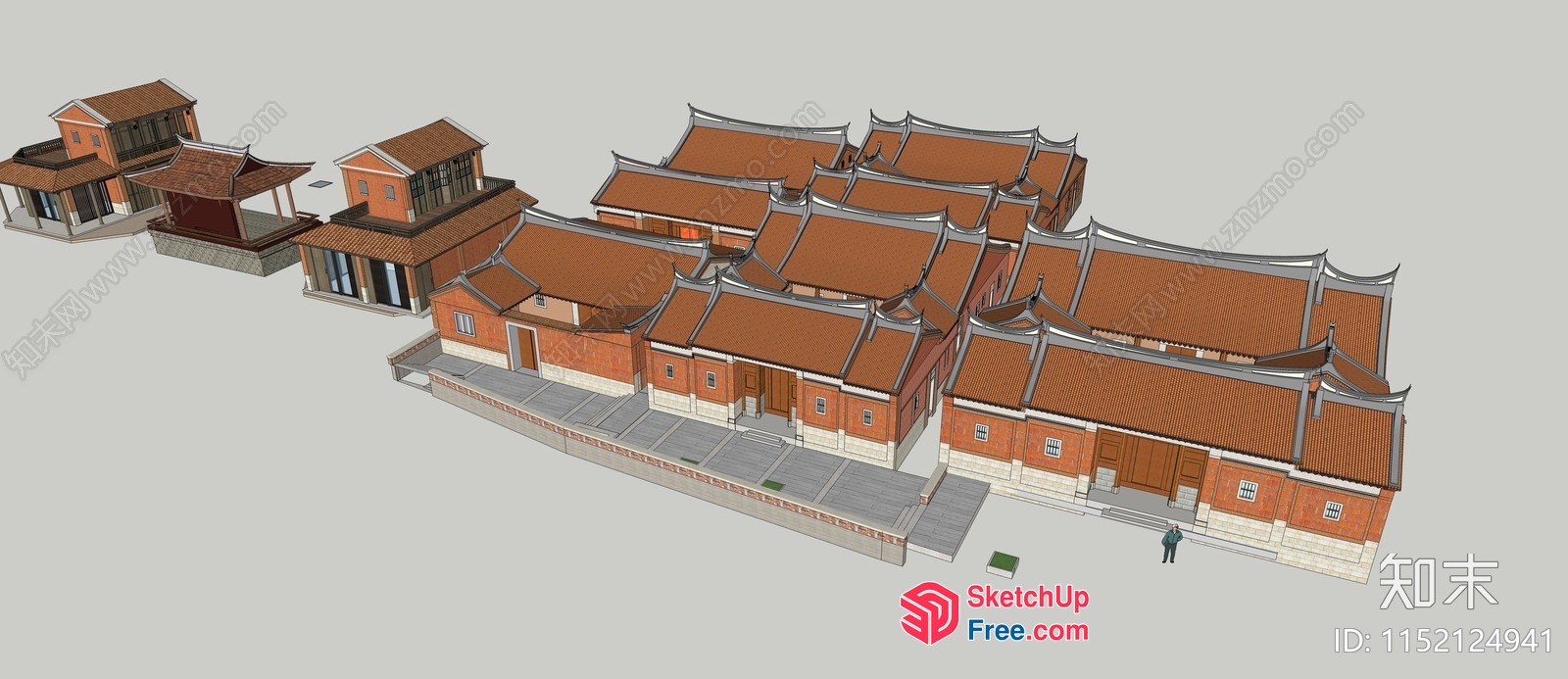 Asian Style Building Complex With Multiple Roofs 3D SketchUp File