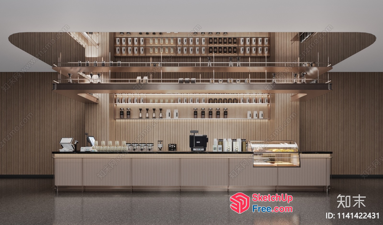 Modern Coffee Shop Interior With Sleek Counter And Shelves 3D SketchUp File