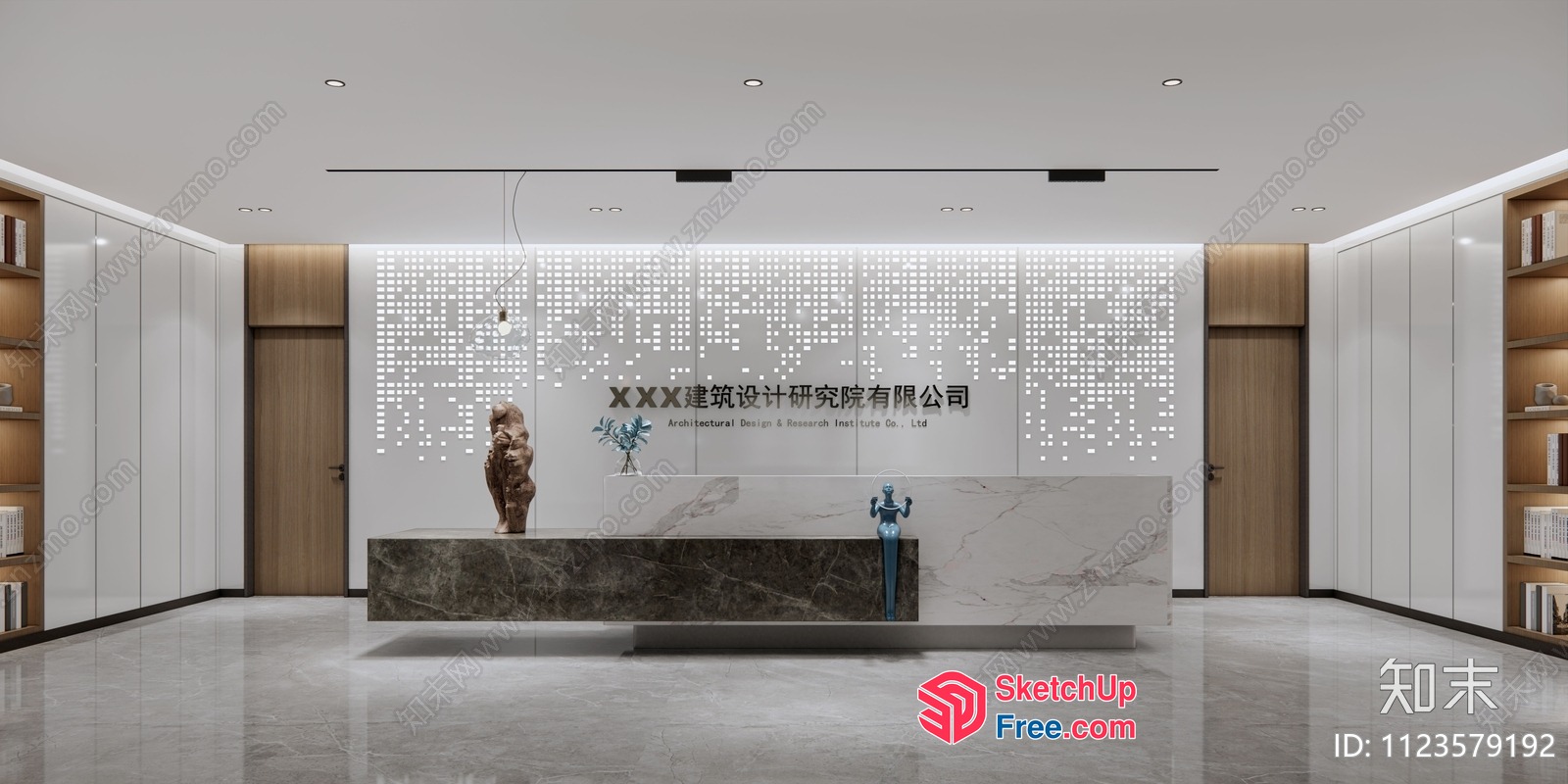 Modern Office Reception Area With Sleek Marble Countertop And Statues 3D SketchUp File