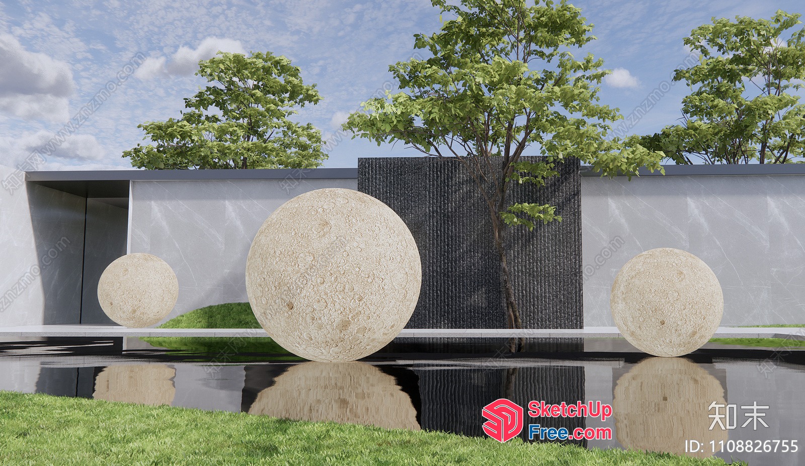 Minimalist Outdoor Space With Large Stone Balls 3D SketchUp File