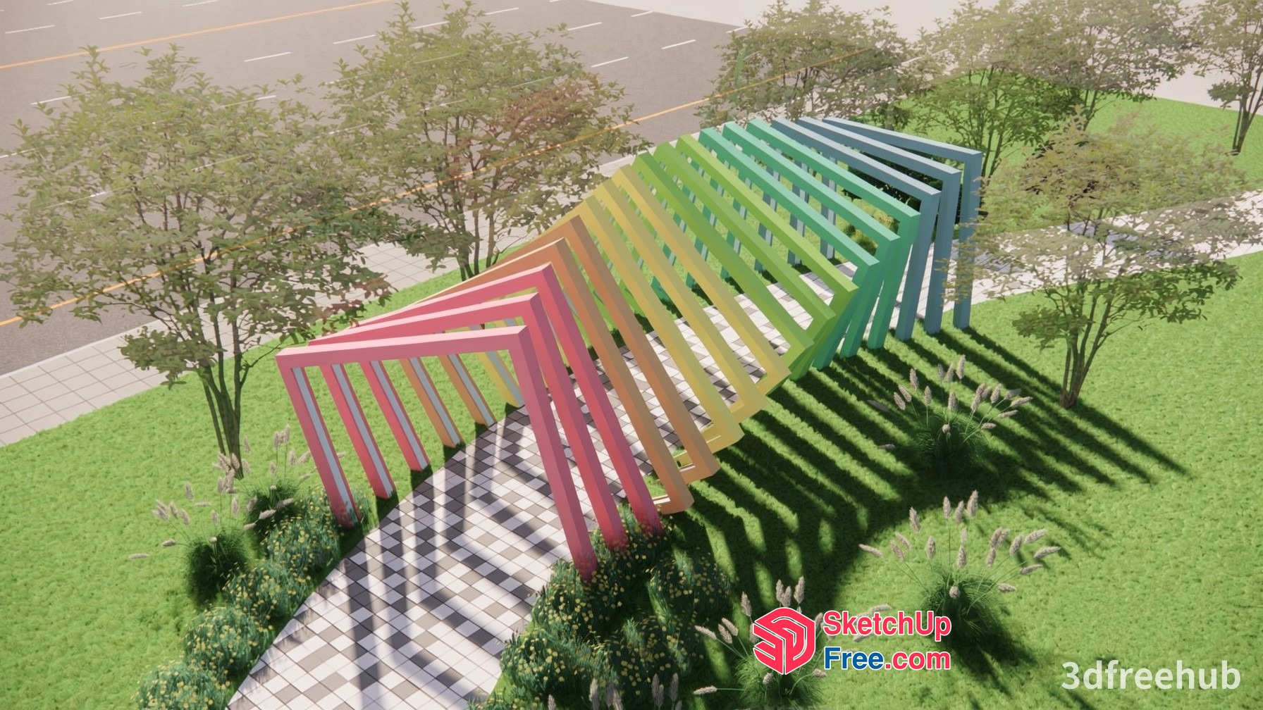 Colorful Outdoor Stairway With Geometric Design 3D SketchUp File