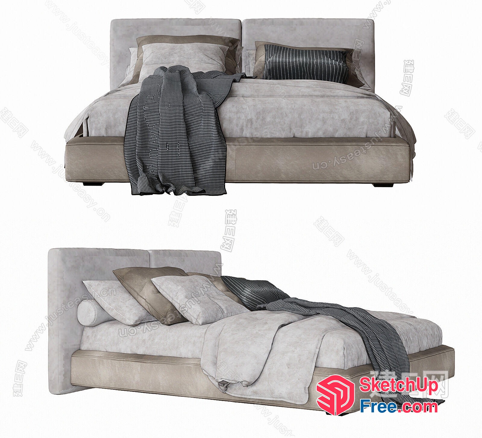 Modern Grey Bed With Pillows And Blanket 3D SketchUp File