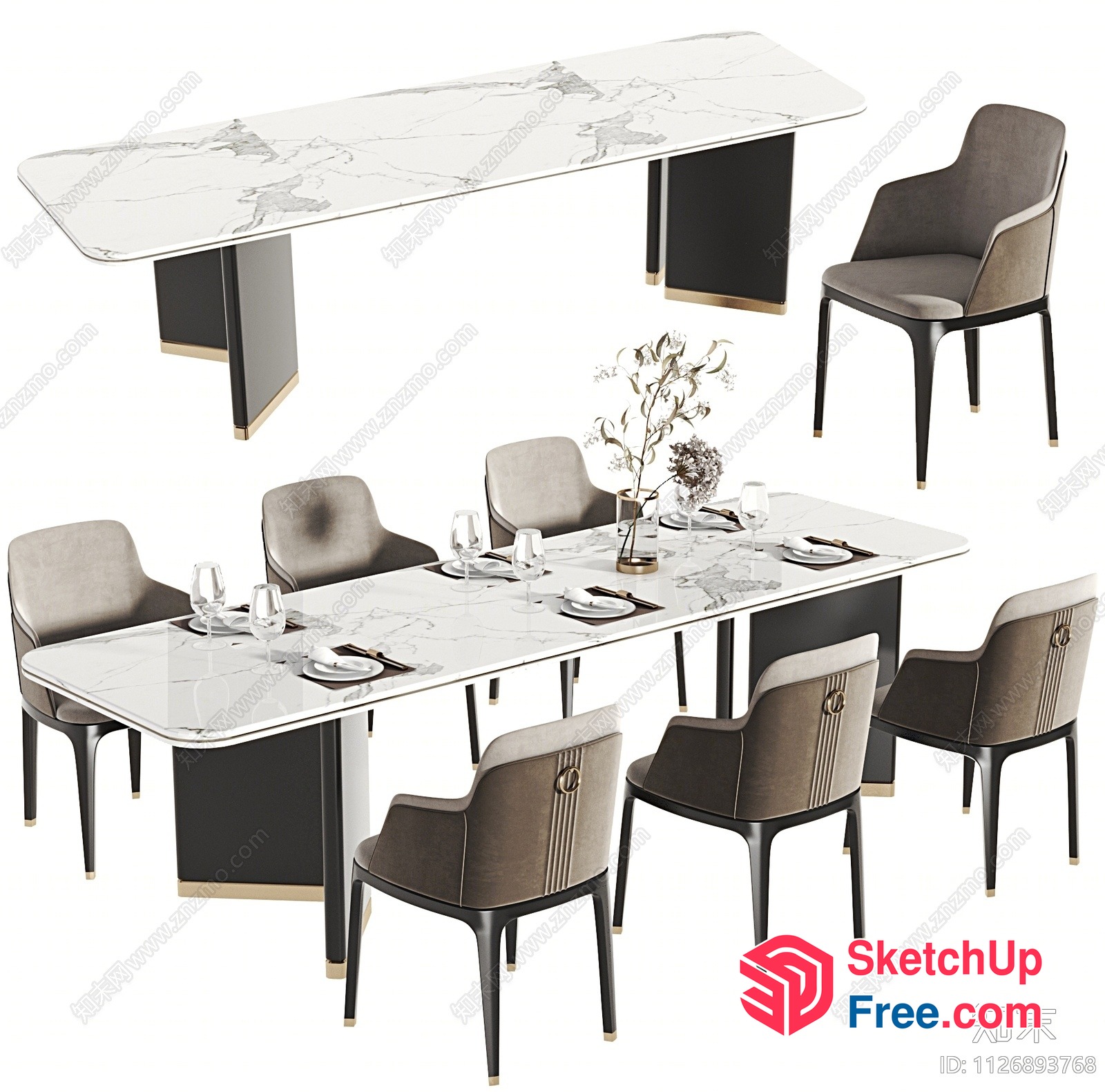 Modern Minimalist Marble Dining Table And Chairs 3D SketchUp File