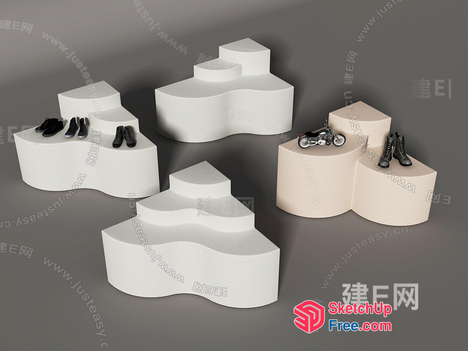 Curved White Display Stands For Shoes And Motorcycle 3D SketchUp File