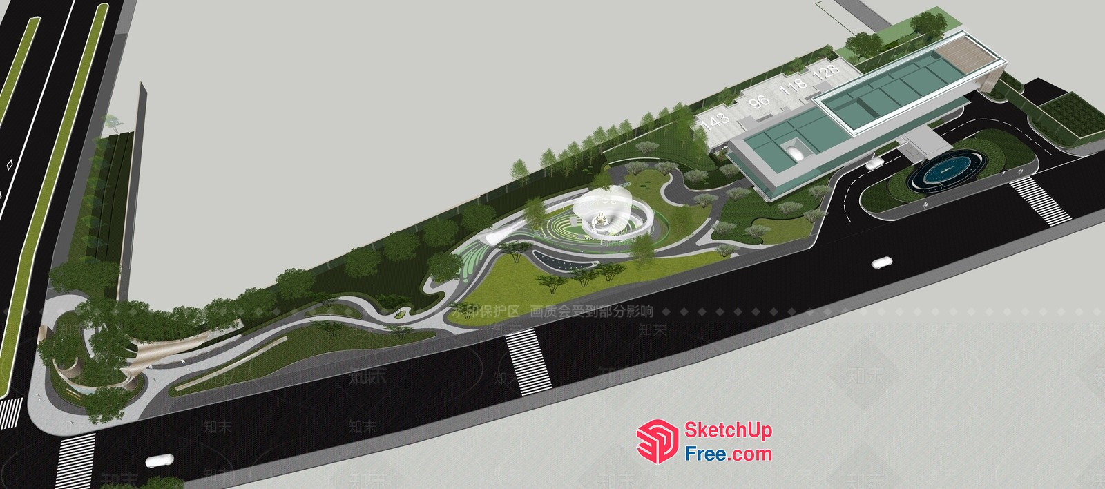 Modern Commercial Building Exterior With Green Roof And Parking Lot 3D SketchUp File