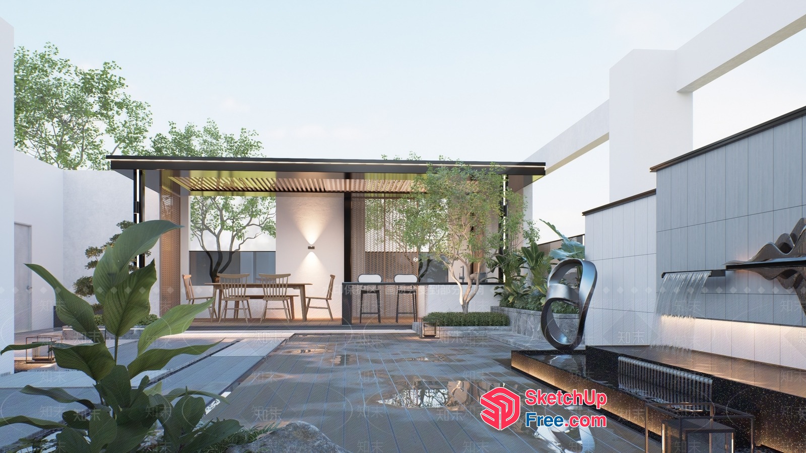 Modern Outdoor Living Space With Water Feature And Dining Area 3D SketchUp File