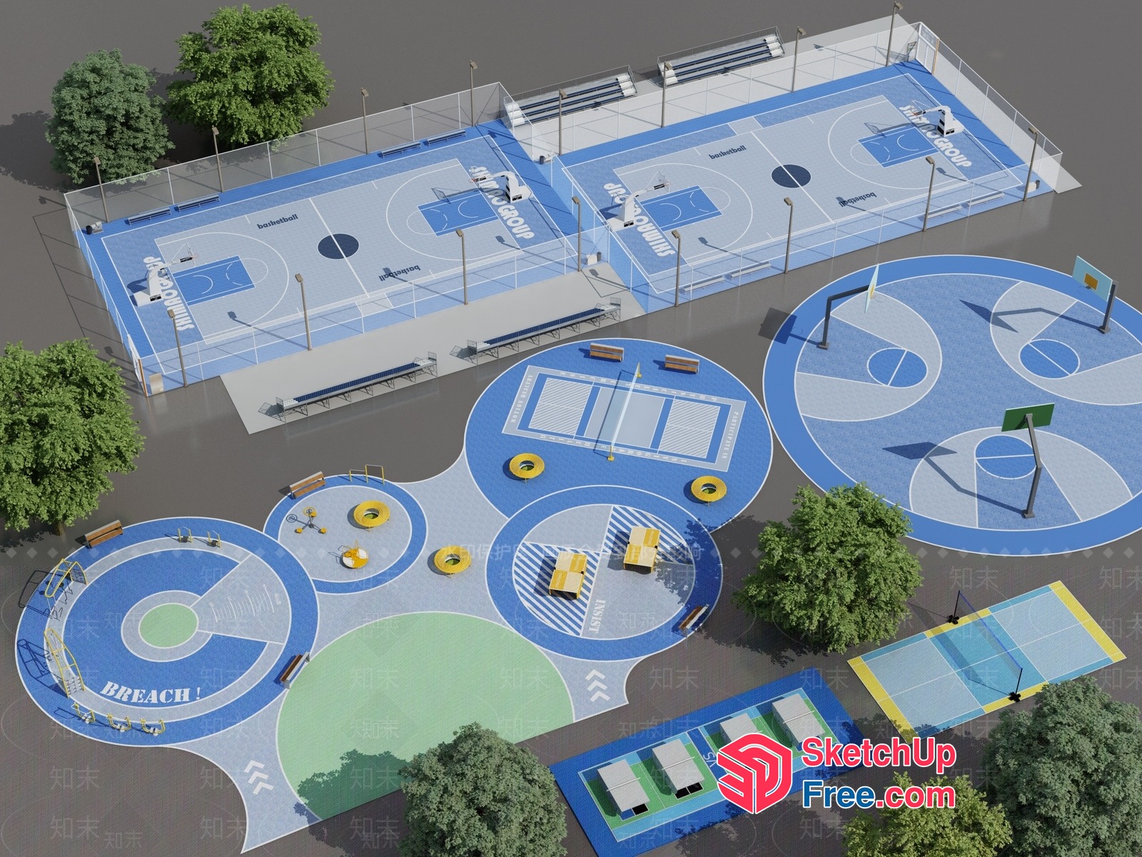 Outdoor Basketball Court And Park Amenities 3D SketchUp File
