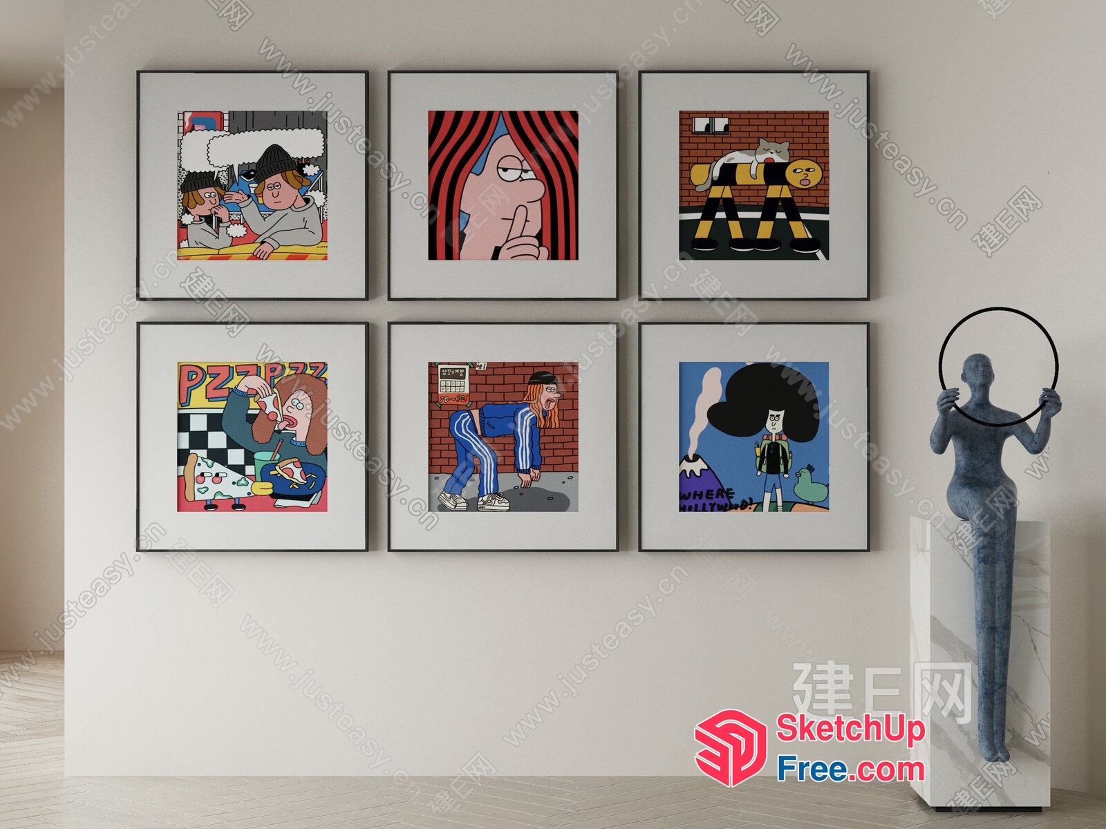 Six Cartoon-Themed Artworks On A White Wall 3D SketchUp File