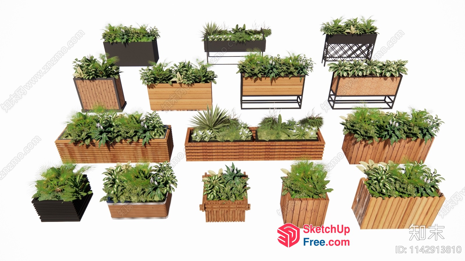 Exquisite Wood And Metal Planters With Lush Greenery 3D SketchUp File