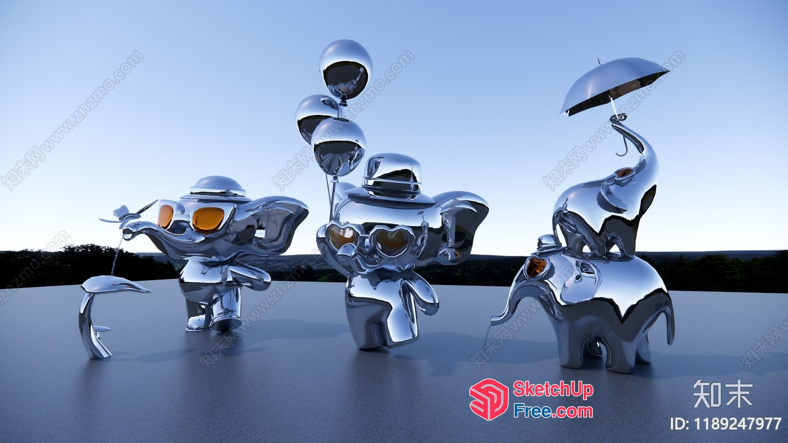 Futuristic Chrome Sculptures Of Abstract Creatures 3D SketchUp File