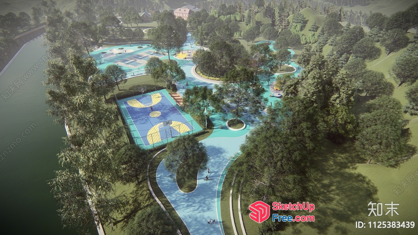 Serene Outdoor Recreation Park With Basketball Court 3D SketchUp File