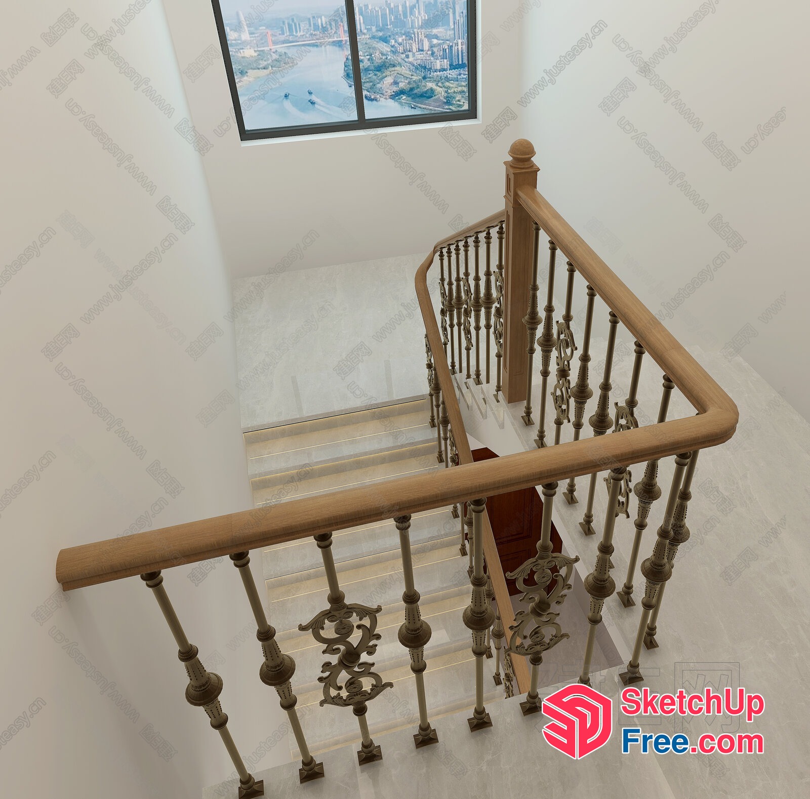 Elegant Staircase With Ornate Railing And City View 3D SketchUp File