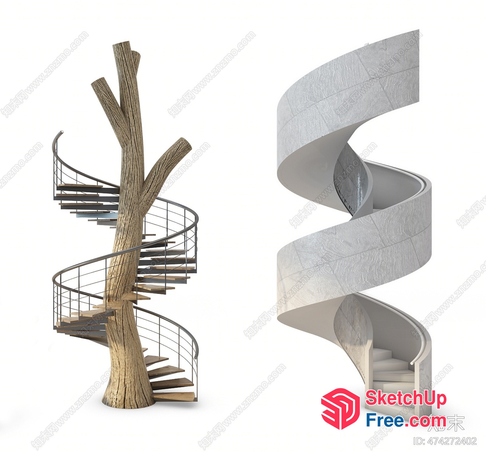 Curved Staircase Design With Tree Trunk Support 3D SketchUp File