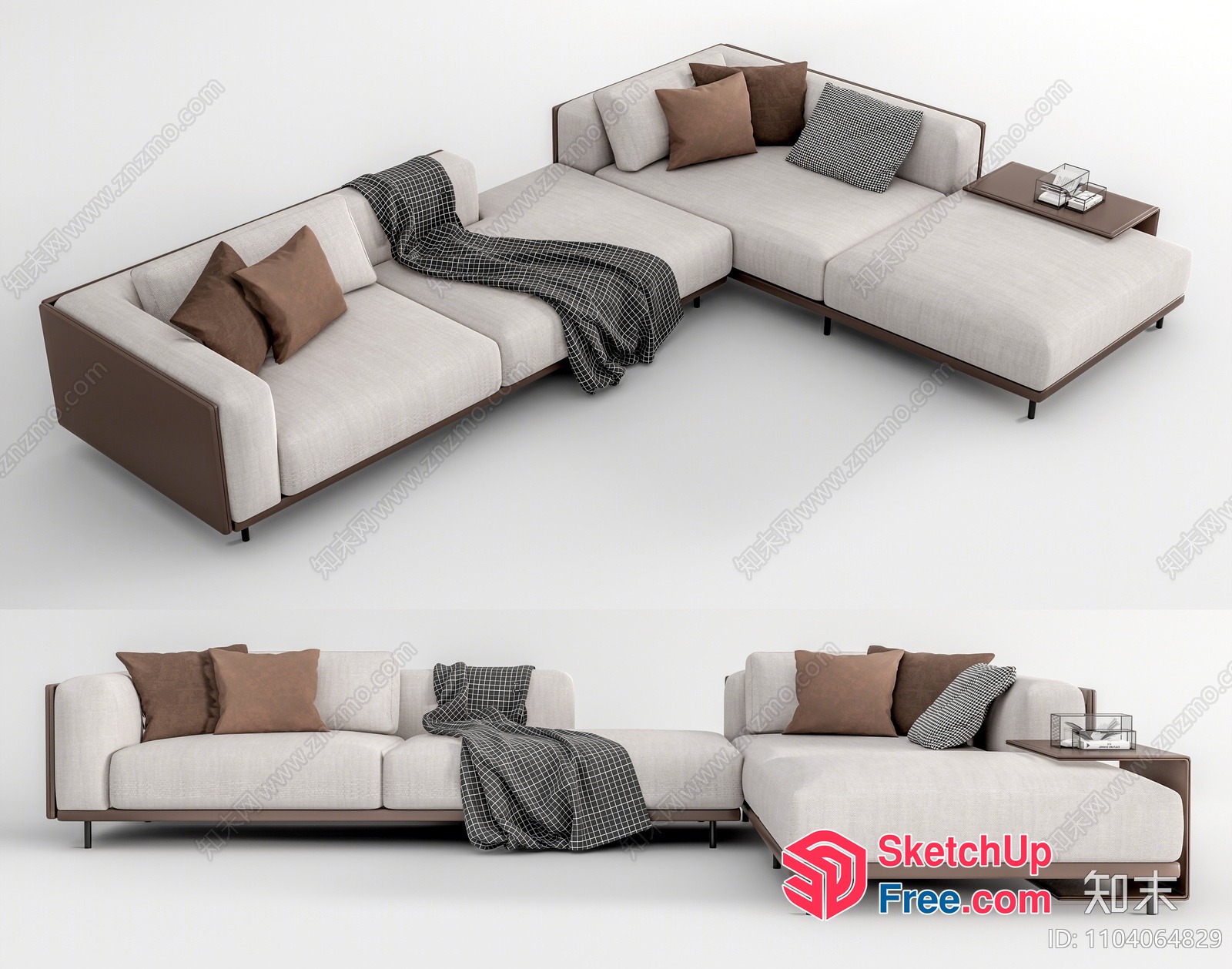 Modern L-Shaped Sofa With Brown Accents And White Upholstery 3D SketchUp File