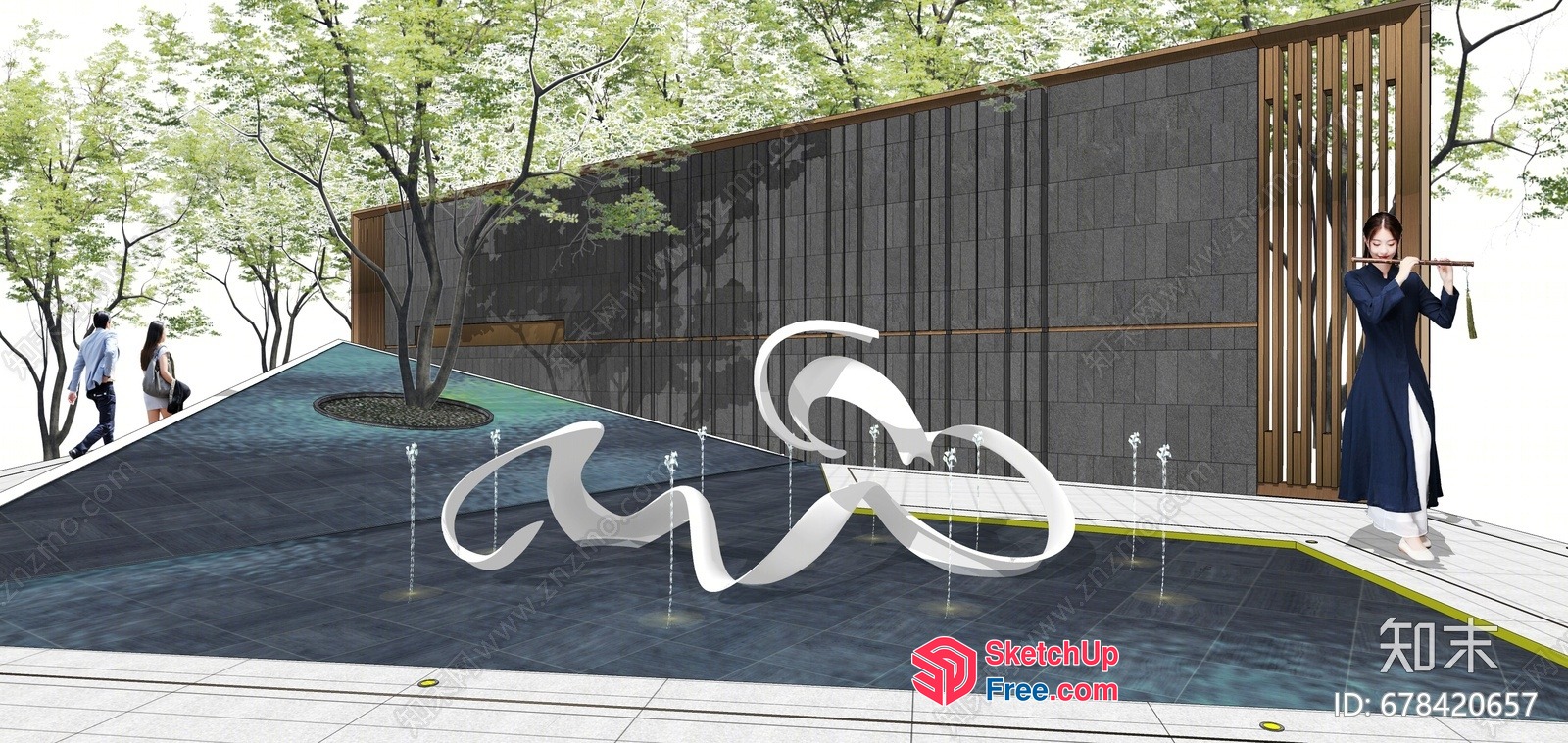 Asian-Inspired Outdoor Space With Water Feature 3D SketchUp File