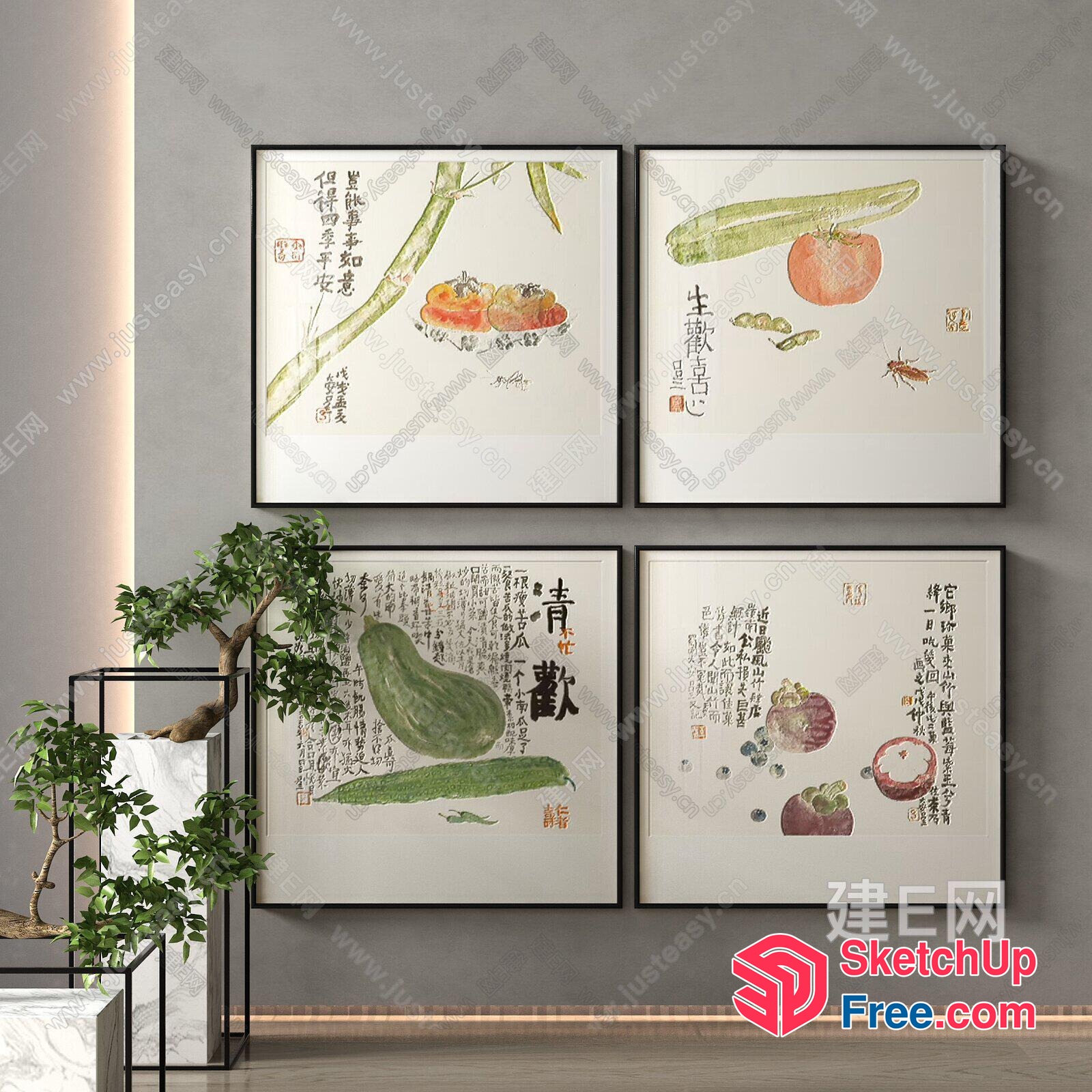 Four Square Framed Art Pieces With Asian-Inspired Decor 3D SketchUp File
