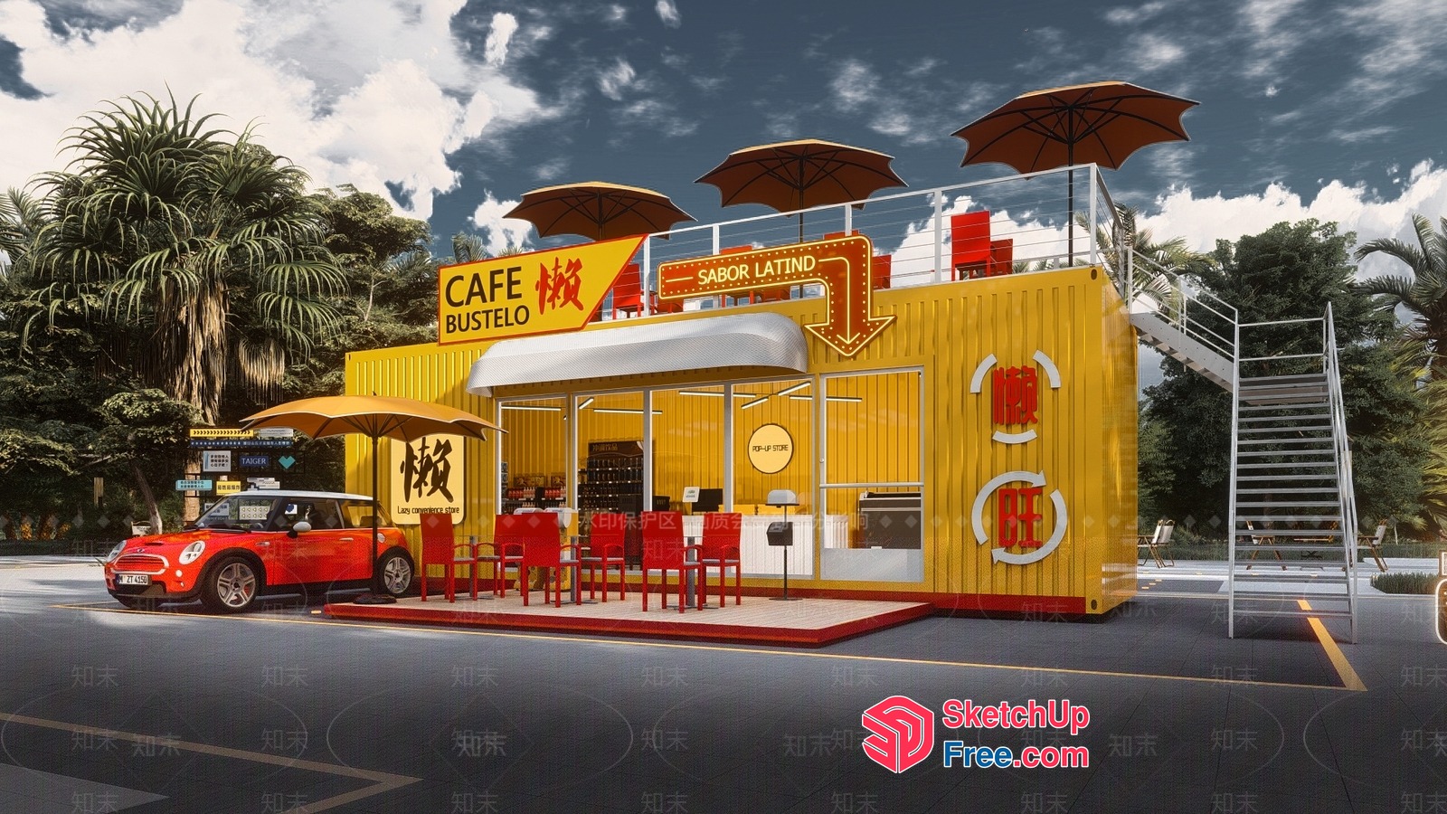 Vibrant Yellow Cafe Exterior With Red Accents 3D SketchUp File
