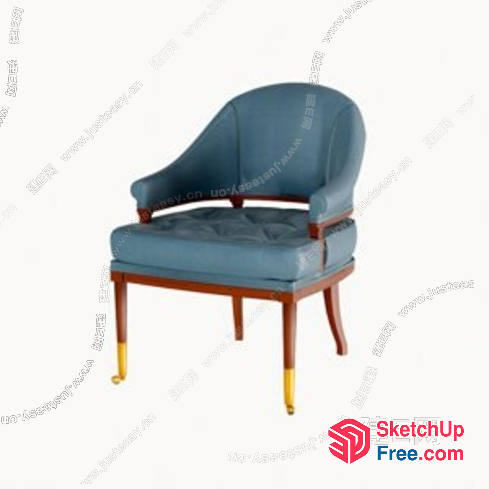 Elegant Blue Leather Armchair With Wooden Legs 3D SketchUp File