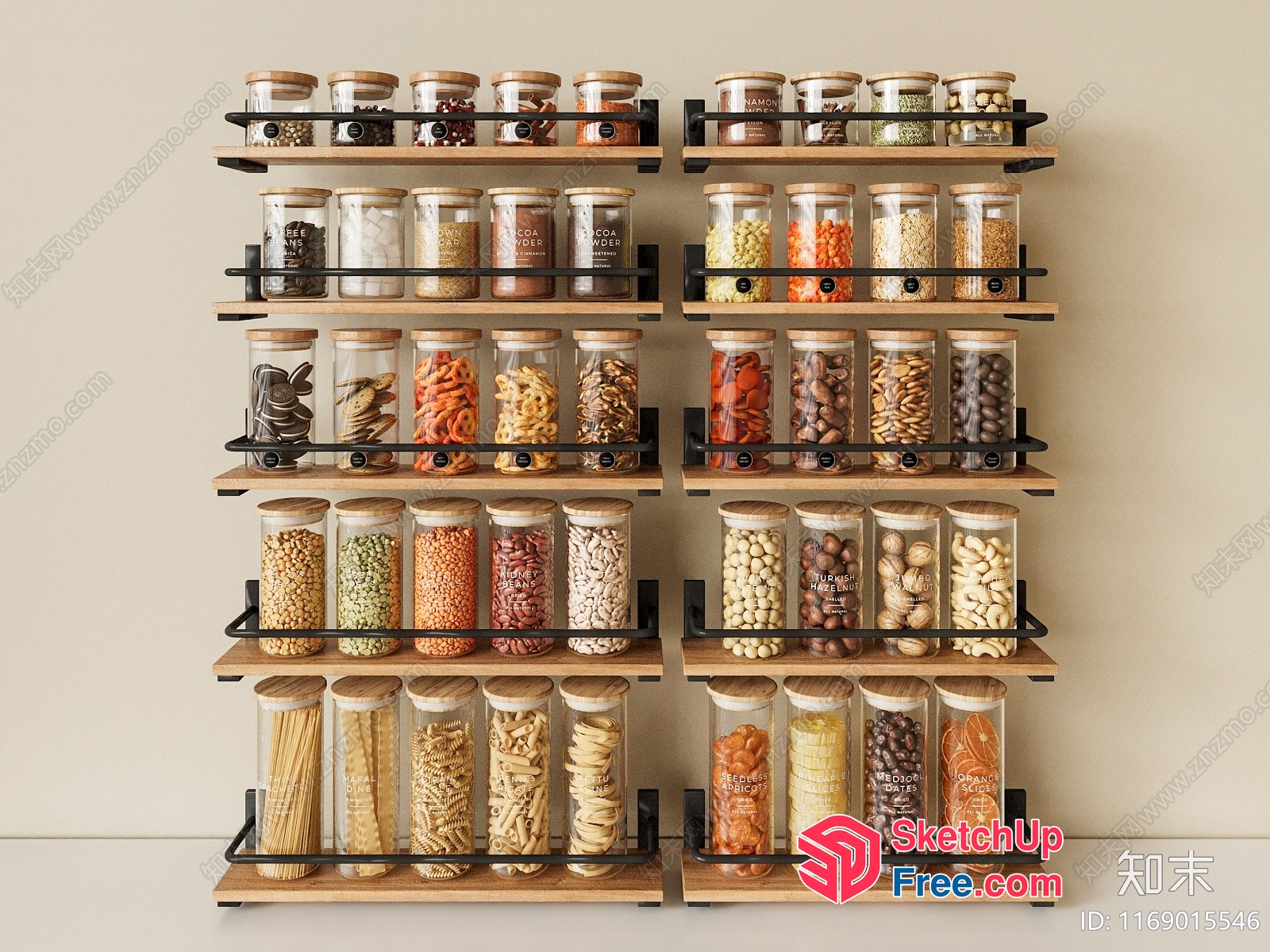 Spacious Kitchen Storage With Glass Jars And Wooden Shelves 3D SketchUp File