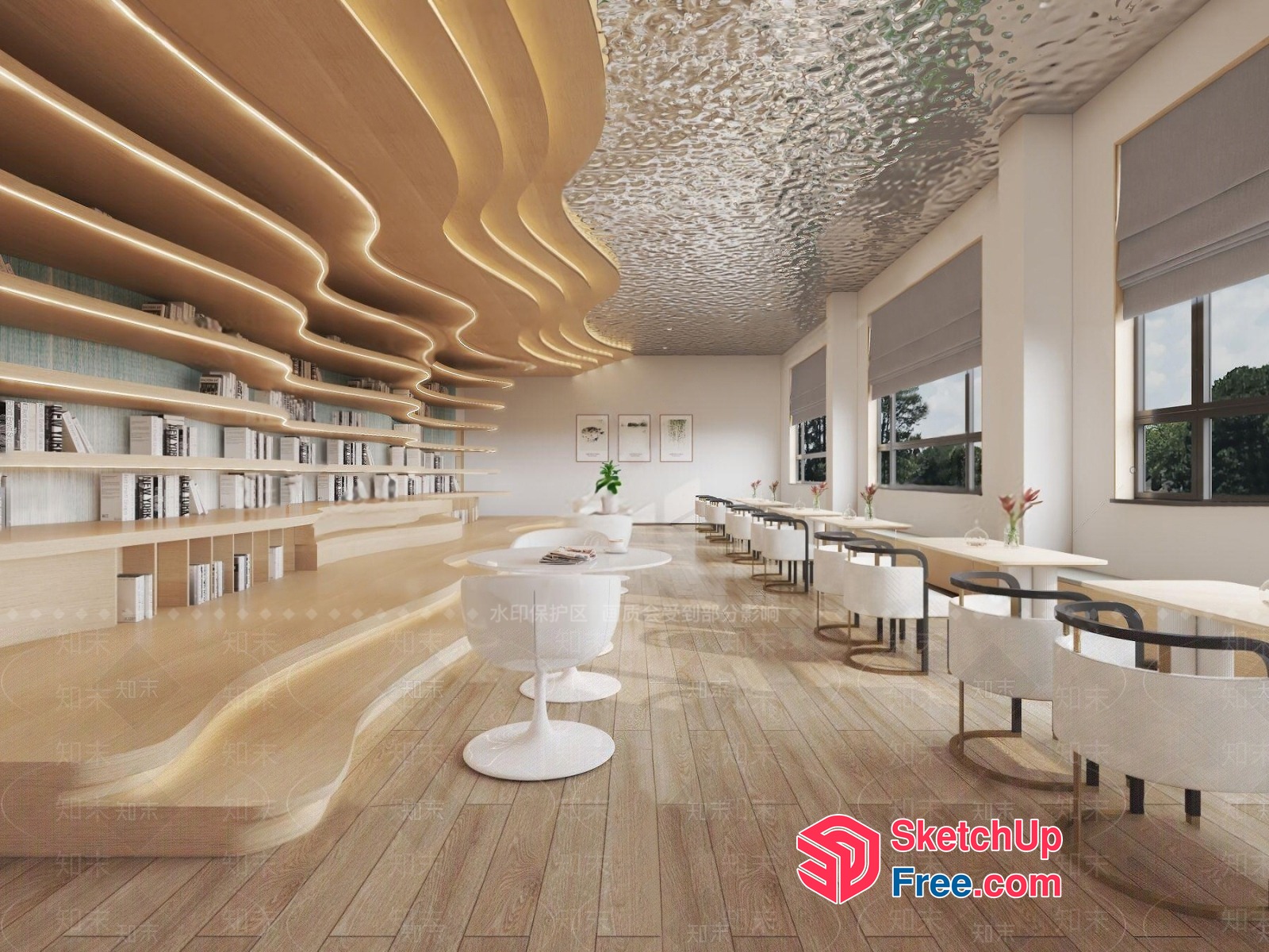 Modern Minimalist Library Interior With Curved Shelves And Tables 3D SketchUp File