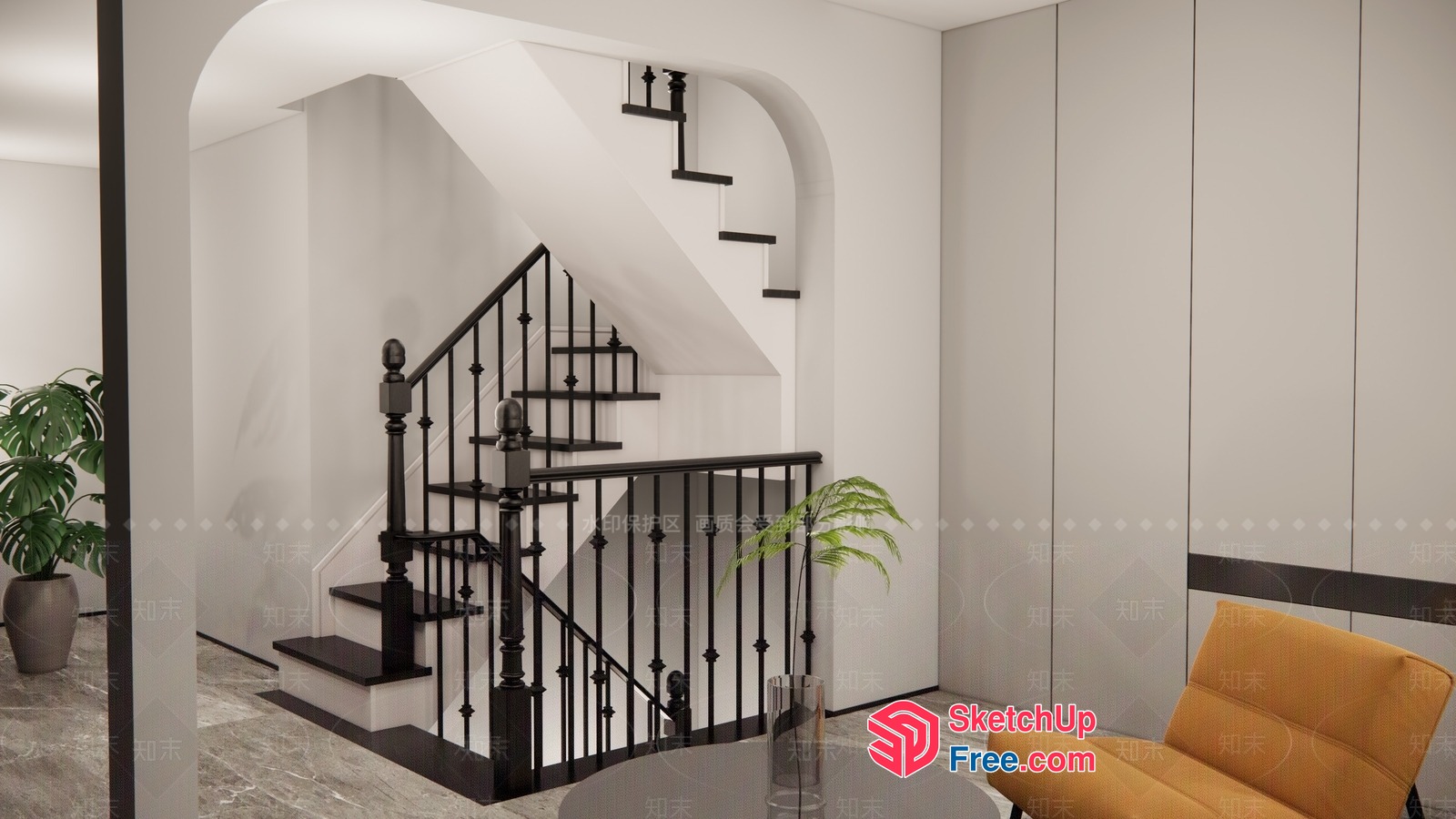 Staircase With Black Railing And White Walls 3D SketchUp File