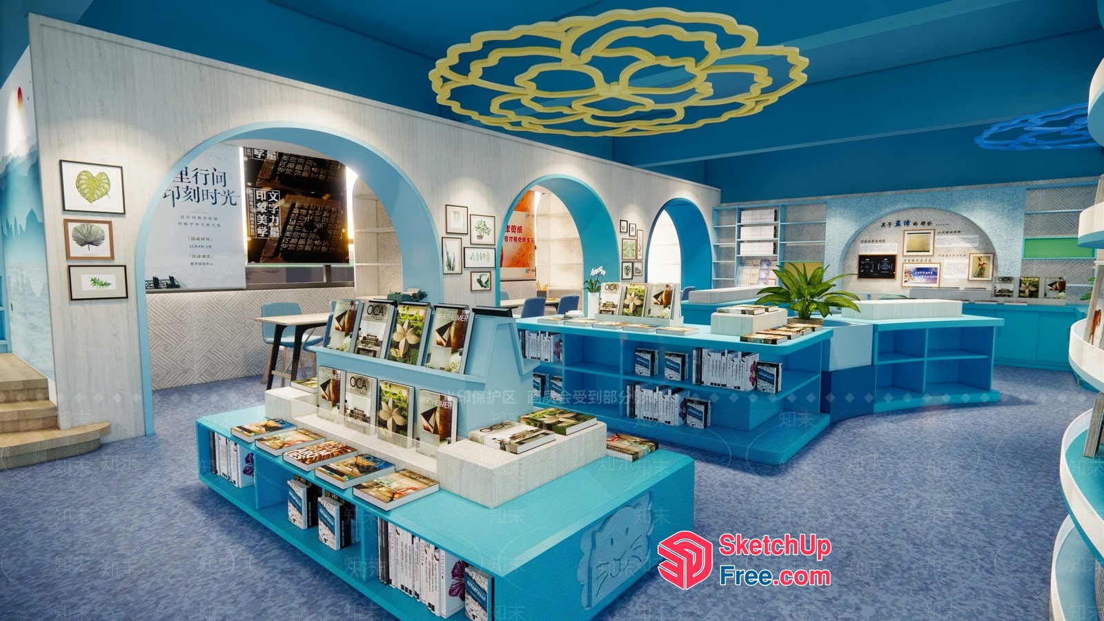 Modern Bookstore Interior With Unique Blue And White Color Scheme 3D SketchUp File
