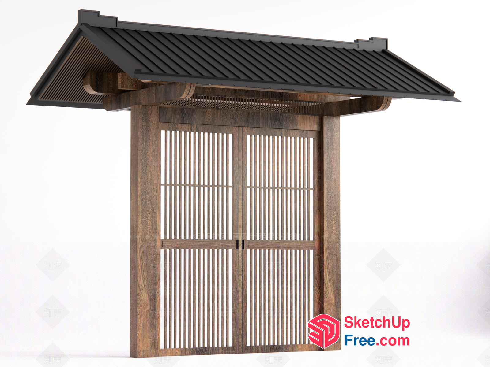 Traditional Japanese Wooden Door With Slatted Panels 3D SketchUp File
