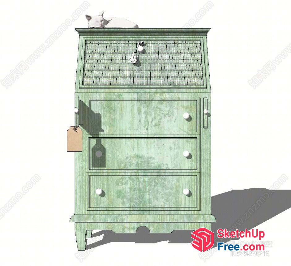 Antique Green Wooden Dresser With Vintage Knobs And Lattice Top 3D SketchUp File