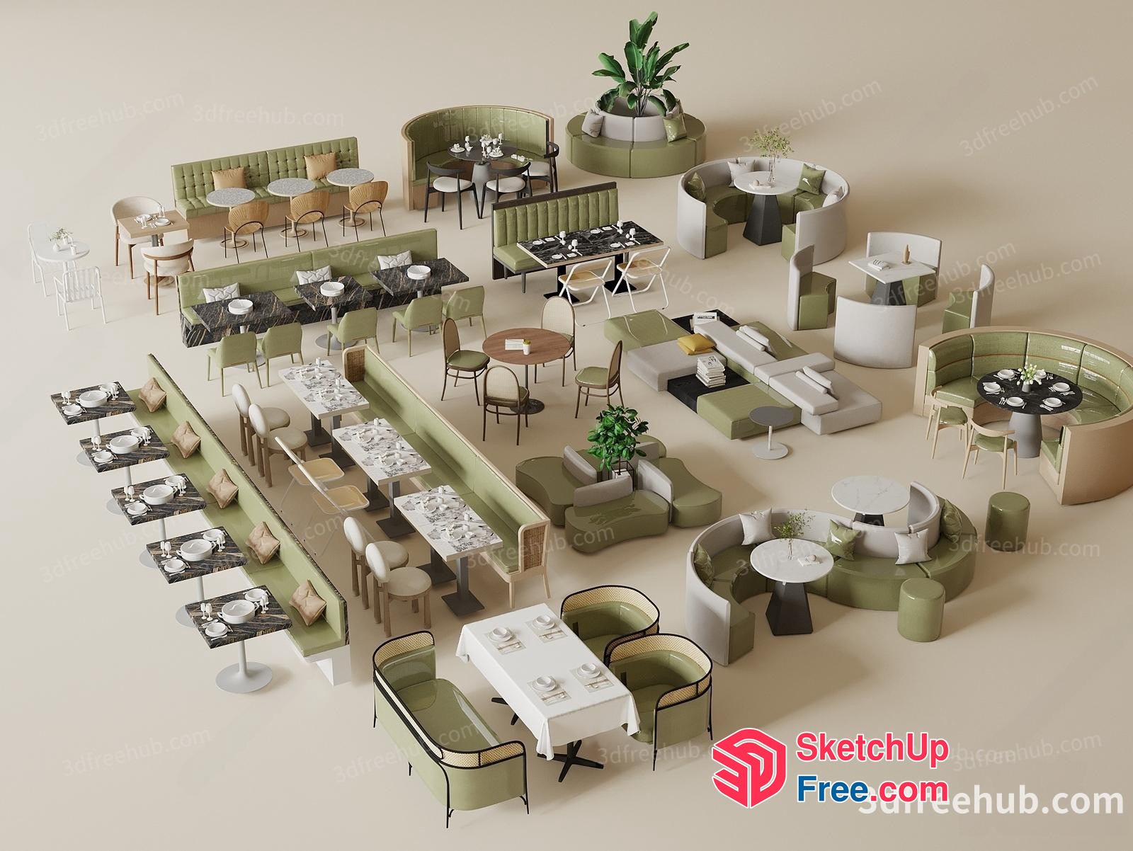 Modern Restaurant Interior With Various Dining Tables And Chairs 3D SketchUp File
