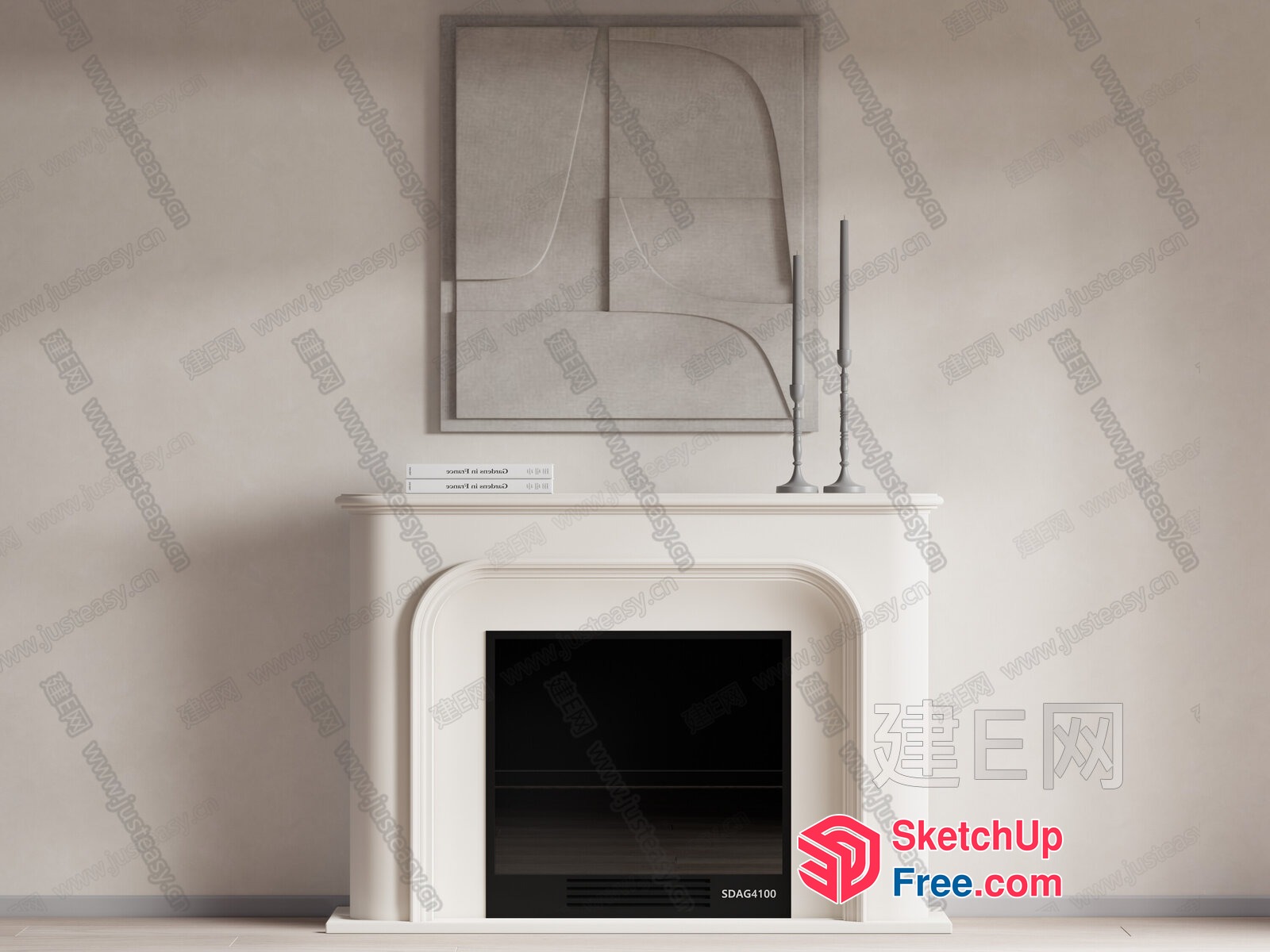 Elegant White Fireplace With Framed Artwork 3D SketchUp File