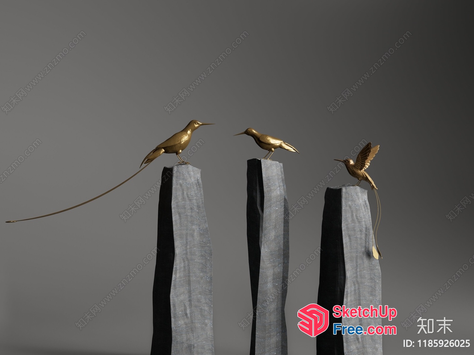 Ornate Gold Birds Perched On Gray Pillars 3D SketchUp File