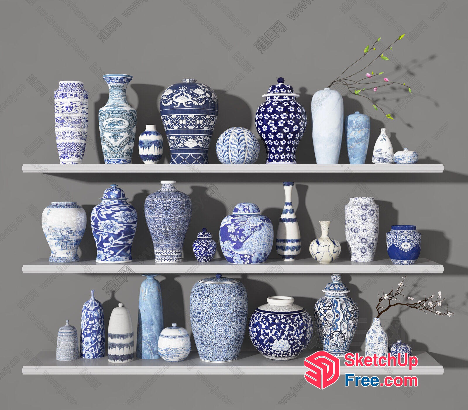 Blue And White Porcelain Vases On White Shelves 3D SketchUp File