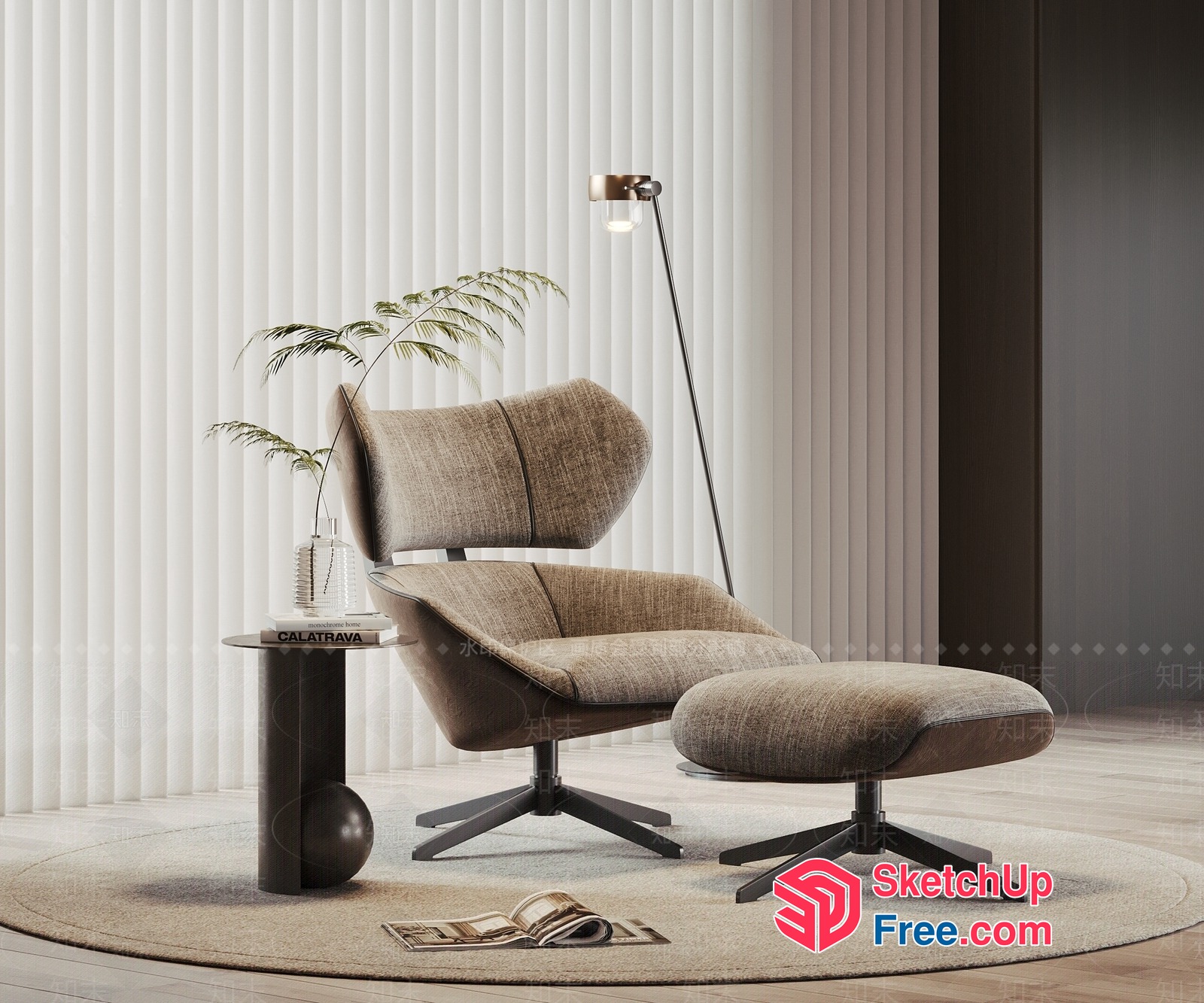 Modern Minimalist Scandinavian Lounge Chair And Footstool Set 3D SketchUp File