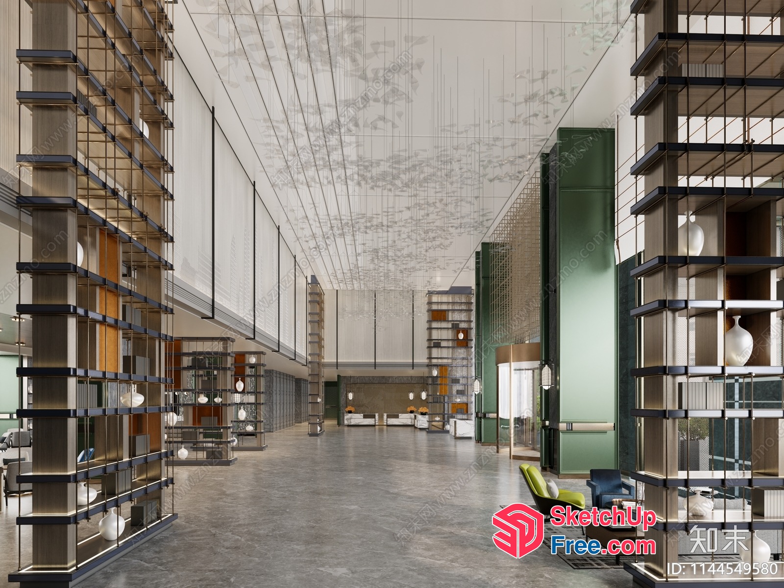 Modern Interior With Sleek Pillars And Shelves 3D SketchUp File